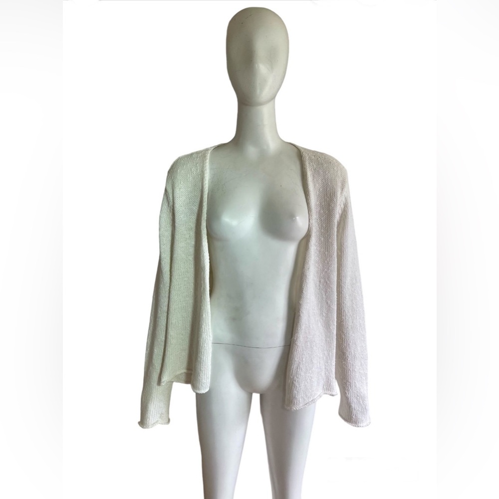 Eileen Fisher Cotton Linen Knit Open Front Cardigan Sweater Size PL White